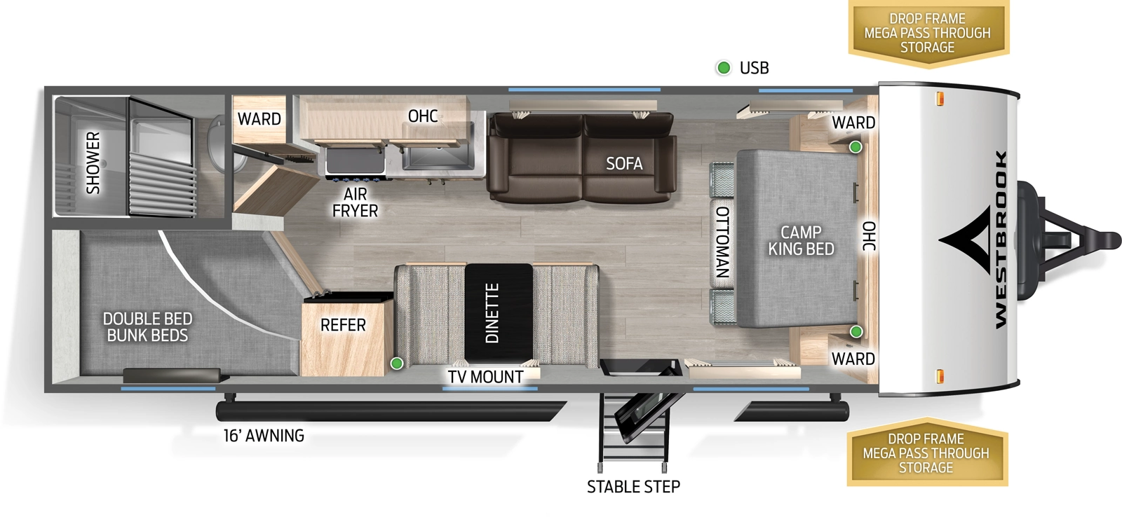 The Westbrook 25BHCC floorplan has one entry and zero slide outs. Exterior features include: metal exterior and 16' awning. Interiors features include: bunk beds and front bedroom.